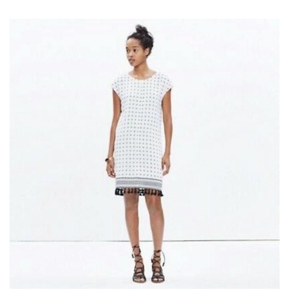 Madewell White Scatterblock Printed Tassel Hem Shirt Dress
